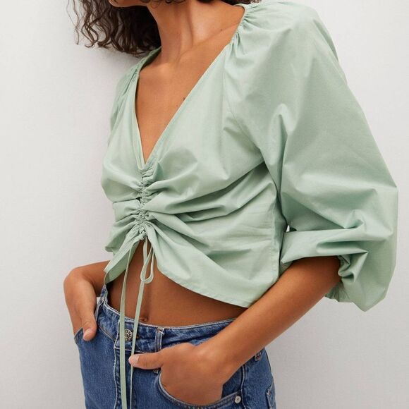 Mango Cotton Poplin Blouse Ruched Green New - Picture 7 of 8